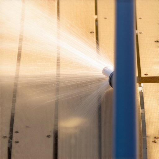 Person power washing a wooden outdoor deck with gentle spray