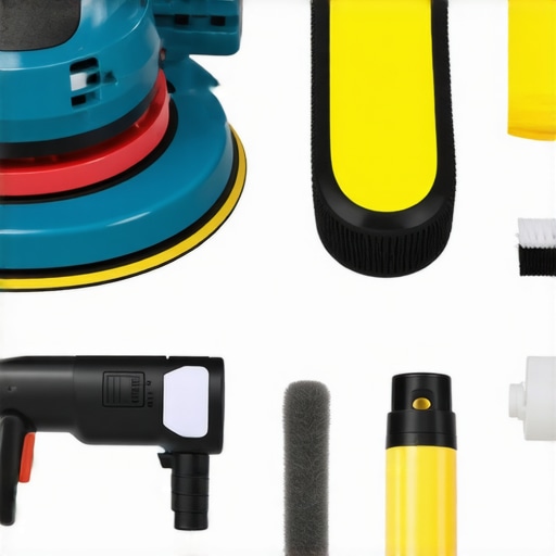 Tools laid out for outdoor deck maintenance, including sander, moisture meter, and cleaning brushes.