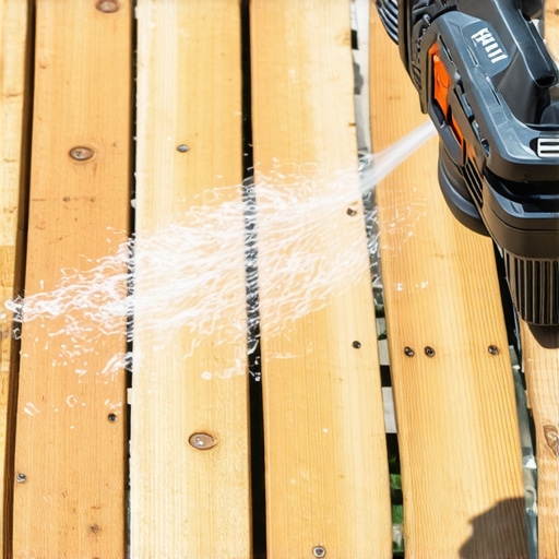 A person using a cordless power washer to clean a wooden deck, highlighting maintenance tools for outdoor spaces.