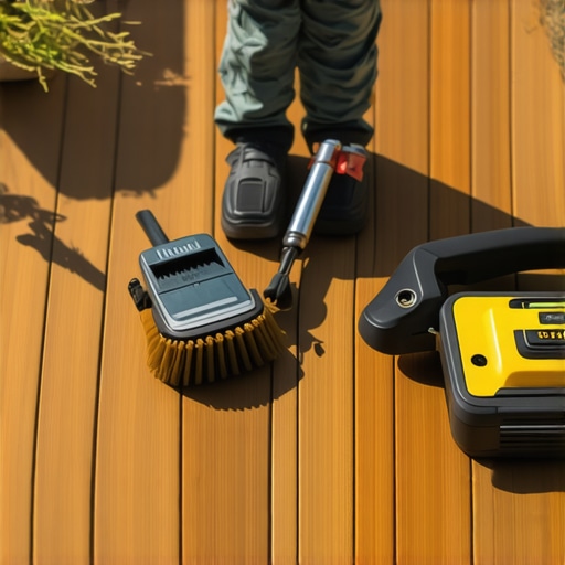 Outdoor Deck Maintenance Tools and Techniques A person using power tools and cleaning equipment to maintain a composite deck