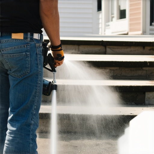 Power Washing Outdoor Deck and Stairs Person cleaning composite decking with a power washer