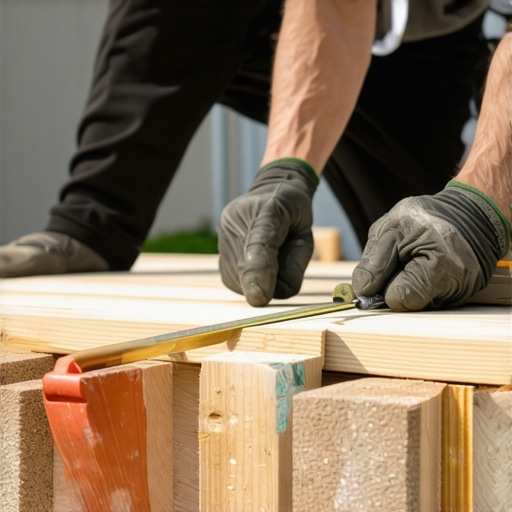 Person installing support braces on outdoor deck stairs with tools for stability
