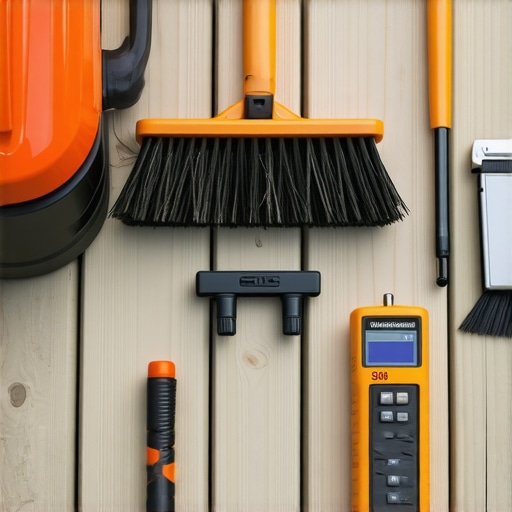 Power washer, brush, and moisture meter used for deck maintenance in outdoor setting.