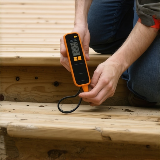 Person measuring moisture content on outdoor wooden stairs with a moisture meter