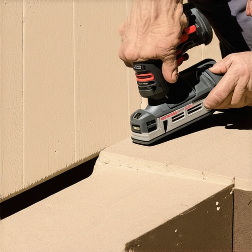 Using a cordless multi-tool for deck maintenance. A person carefully repairing a composite stair edge with a versatile power tool.