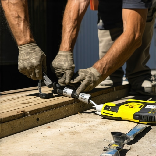 Person applying adhesive to squeaky outdoor deck staircase