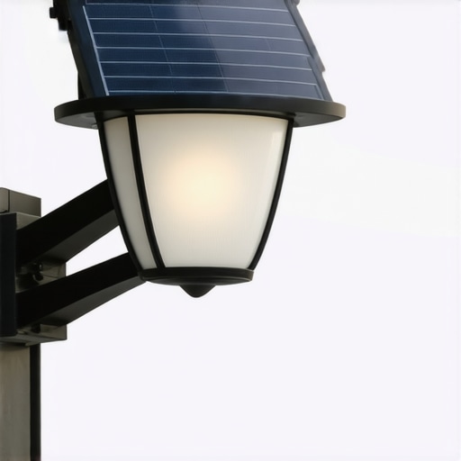 Close-up photo of a weatherproof outdoor solar light installed on a deck in winter