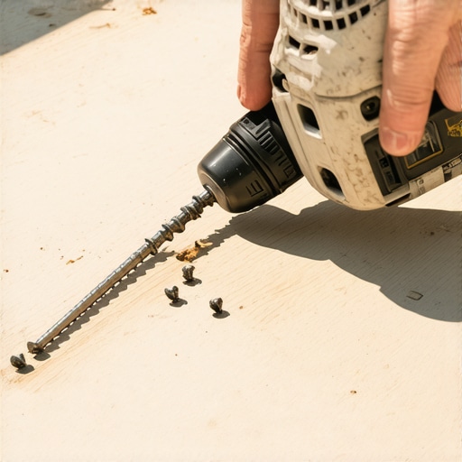 A person using a cordless impact driver on deck screws in an outdoor wooden deck