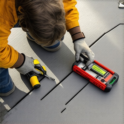 Person checking deck stairs with level and flashlight, focusing on safety inspection.