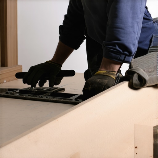 Close-up of a deck builder securing undermount brackets to outdoor stairs with tools.