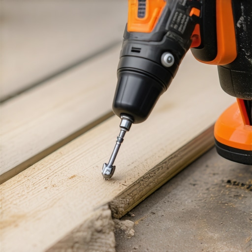 Impact driver installing fasteners into composite decking in outdoor environment