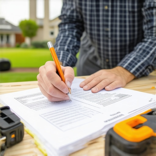 Contractor and homeowner examining warranty clauses on outdoor deck materials