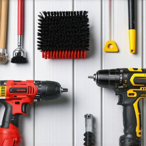 Tools like cordless drill, brush, and pressure washer used for outdoor deck upkeep