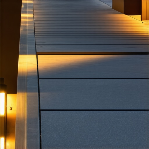 Modern outdoor deck stairs illuminated by sensor lights at dusk