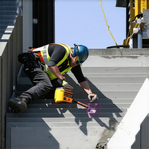 A worker measuring and cutting composite decking materials with precision tools outdoors