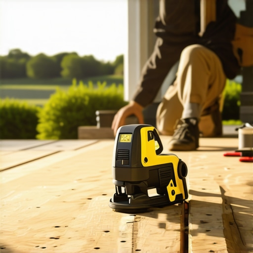 Deck builder using laser level and power tools for outdoor decking