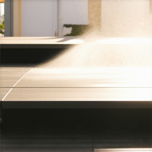 A person using a variable-pressure power washer to clean a composite deck with stairs