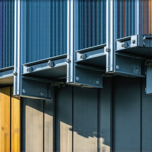 A close-up of weatherproofed steel reinforcement supporting outdoor stairs in a backyard