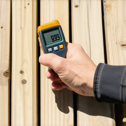 Person testing the moisture level of a wooden deck with a digital moisture meter outdoors.
