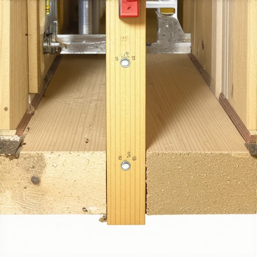 Close-up of a deck's joist framing with measuring tape and bubble level, illustrating precise spacing and alignment.