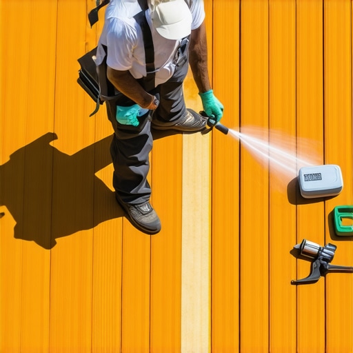 A person in work gloves using a sprayer to evenly coat a composite deck with sealant, surrounded by maintenance tools.