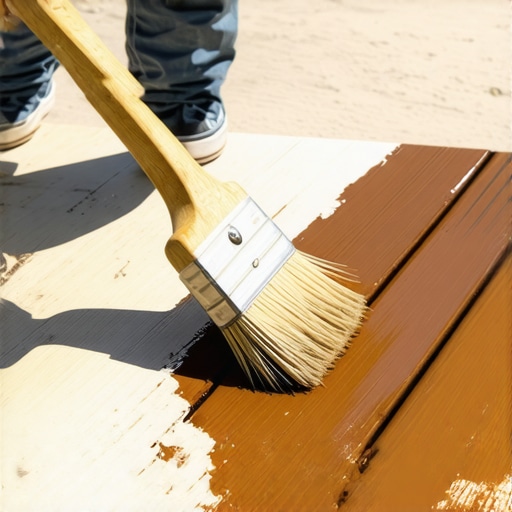 Person staining composite deck with a brush, highlighting proper technique and finish