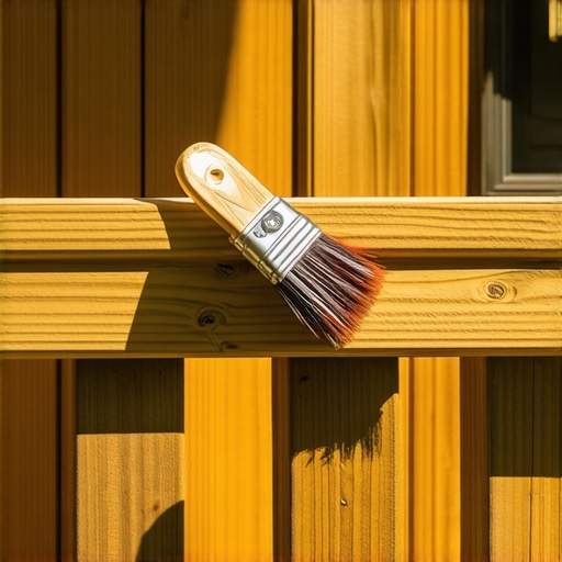 Hand applying stain to outdoor wood railing with brush