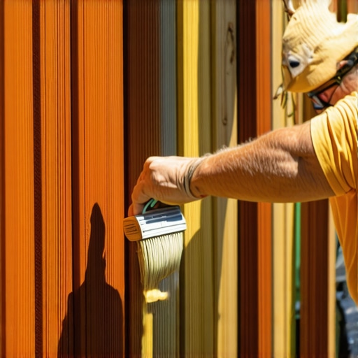Person staining pressure-treated posts with a brush outdoors