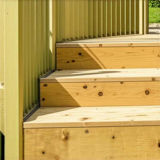 Close-up of outdoor deck stairs with fastening and support details