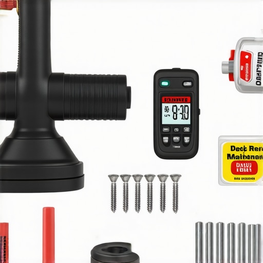 A selection of professional-grade tools for maintaining outdoor composite decks, including a pressure washer, screws, moisture meter, and spray gun.