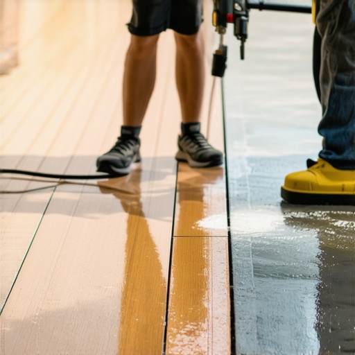 Professional maintenance tools including impact driver and pressure washer used for outdoor deck upkeep