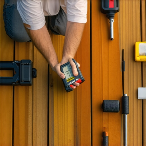 A deck builder using a moisture meter to inspect a wooden deck, with tools on a workbench.
