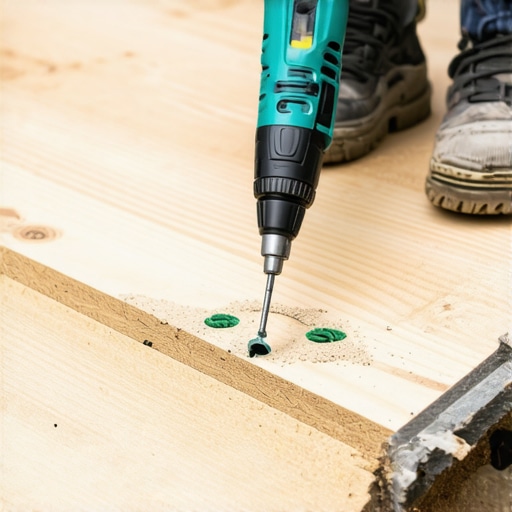 Person drilling drainage holes in composite stair tread with power drill outdoors.