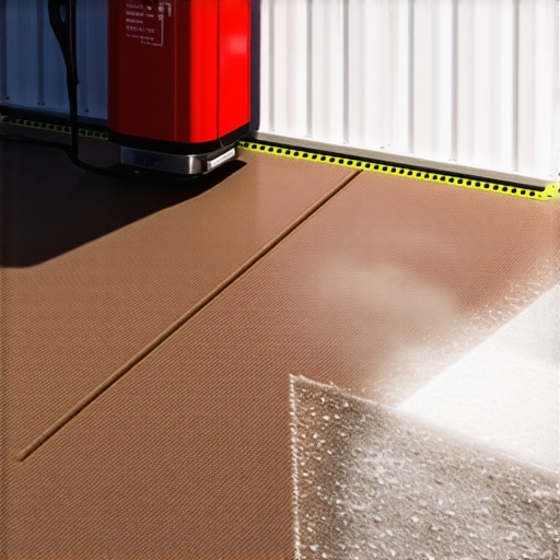 Power washer cleaning a deck with a laser level in the background