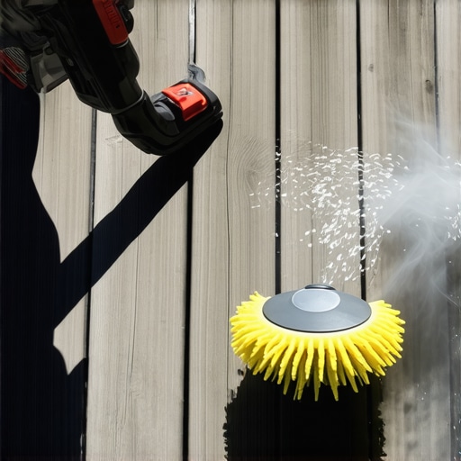 Effective Tools for Deck Maintenance Person cleaning composite decking with power washer and microfiber brush