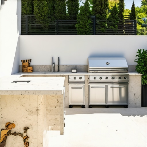 A detailed diagram of an outdoor kitchen with clearly divided zones for cooking, prep, and dining, highlighting spacious pathways and smart design elements.
