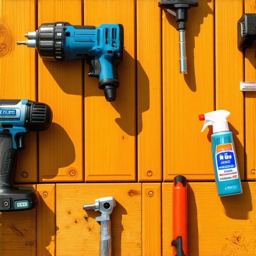 Essential Maintenance Tools for Outdoor Decks Tools laid out on a deck during outdoor maintenance, highlighting screw gun, pressure washer, and sealant