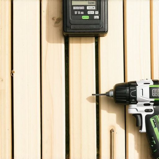 Tools for maintaining a composite outdoor deck, including a drill and moisture meter.