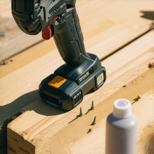 Impact driver tightening screws on a composite deck with lubricant spray nearby