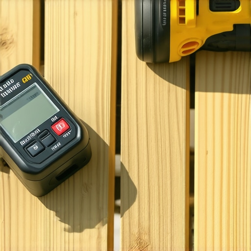 A homeowner using a multi-tool and moisture meter for outdoor deck upkeep