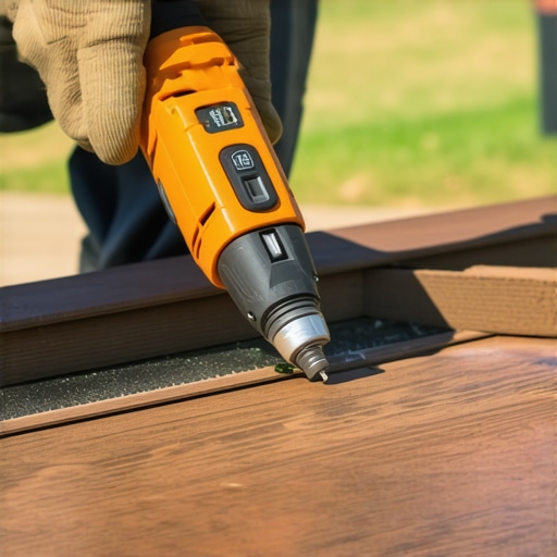 Person using moisture meter and oscillating tool on composite decking outdoors