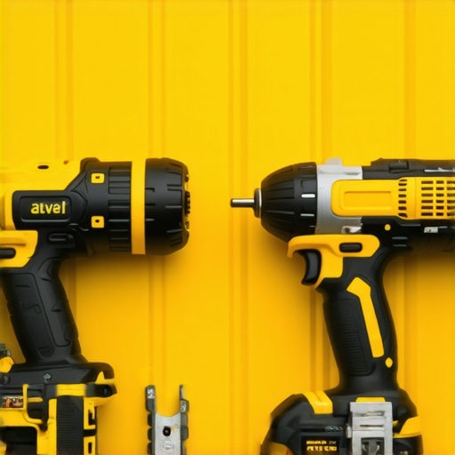 A collection of professional tools including impact driver, laser level, and deck cleaner spray nozzle for outdoor maintenance.
