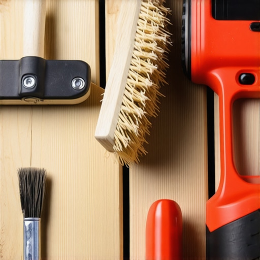 A hand holding an oscillating multi-tool and a soft-bristle brush for outdoor deck care