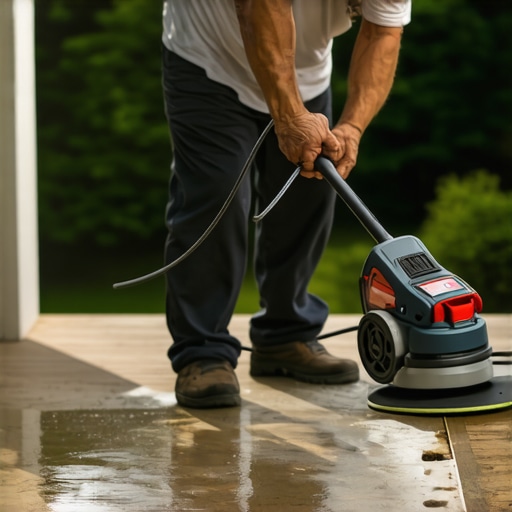 Homeowner cleaning and sanding a composite deck with a power washer and orbital sander