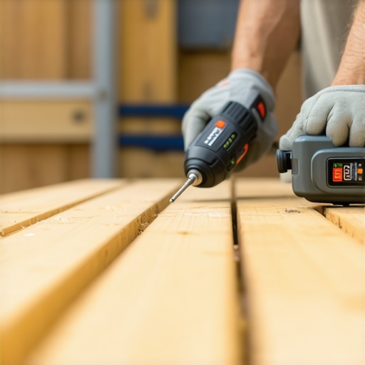 Person using moisture meter and impact driver on deck