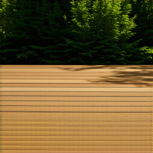 Close-up of a weathered composite deck with visible warping and fading, sunlit environment