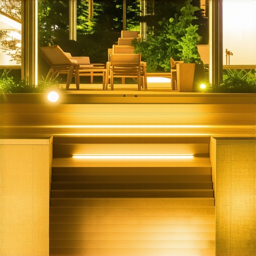 A beautifully lit outdoor deck showing layered LED lights creating a warm, glare-free atmosphere at night.