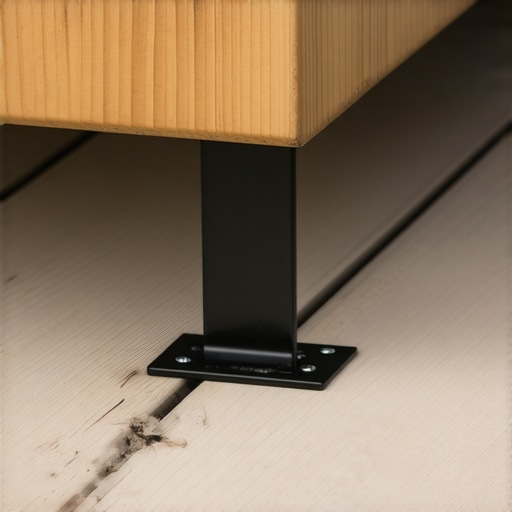 Support brackets hidden beneath a floating outdoor bench attached to a wooden deck