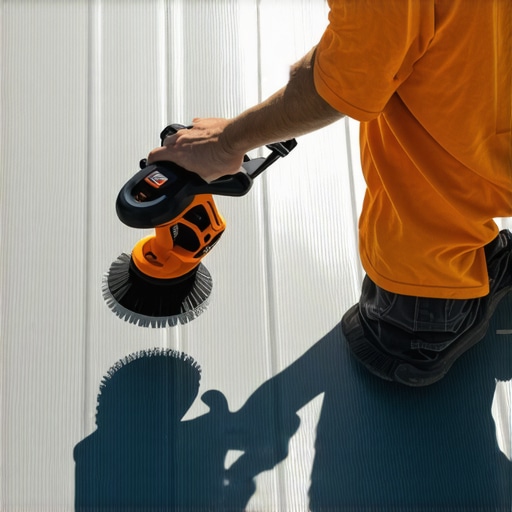 Person using a cordless power brush to clean textured composite decking outdoors
