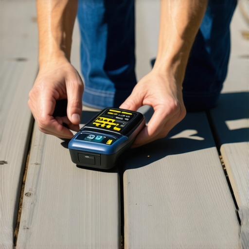 A homeowner using a moisture detector on a composite outdoor deck